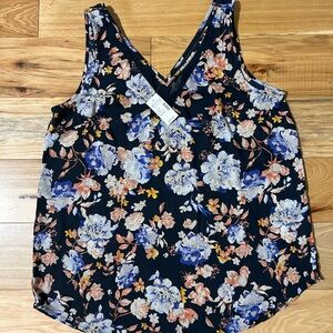 Maurices Floral Sheer V-Neck Tank Top - Blue, Orange, Cream